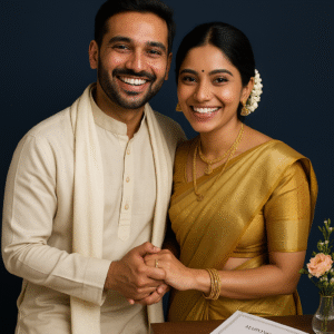 indian court marriage couple exact blue background